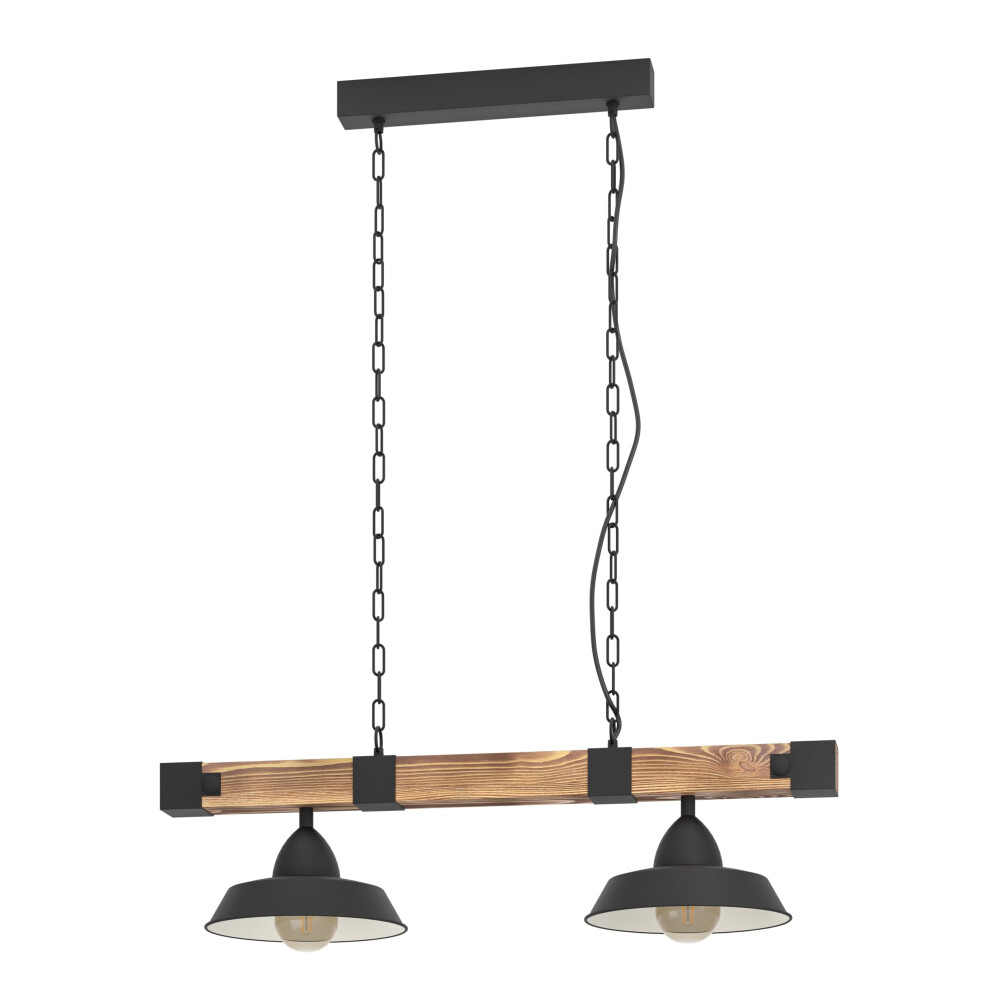 Eglo Oldbury Pendant Light, 2-Flame Vintage/Industrial Design Ceiling lamp, Hanging Light Made of Steel and Wood, Colour: Black, Rustic Brown, Socket: