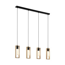 Eglo Littleton pendant lamp, 4-light vintage pendant lamp in industrial design, retro hanging lamp made of steel and wood, colour: black, brown,
