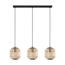 EGLO Bordesley Pendant Light, 3-Bulb Vintage, Natural, Boho, Hygge, Pendant Light Made of Steel in Black and Wood in Natural Colours, Dining Table