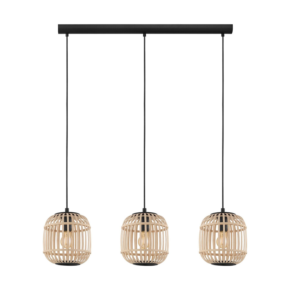 EGLO Bordesley Pendant Light, 3-Bulb Vintage, Natural, Boho, Hygge, Pendant Light Made of Steel in Black and Wood in Natural Colours, Dining Table