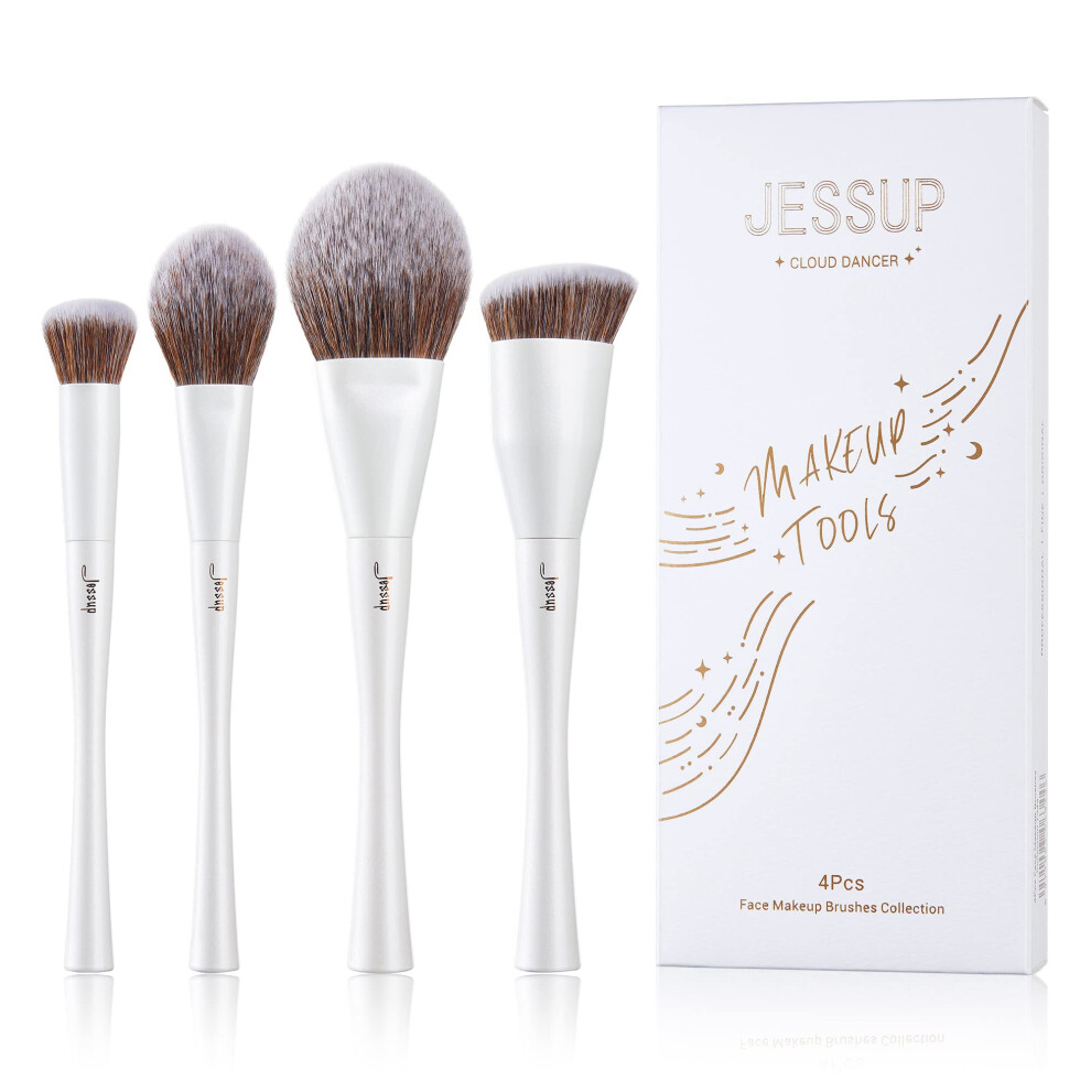 Jessup White Makeup Brushes 4Pcs Face Makeup Brushes Set For Foundation Concealer Blush Contour Powder Highlighter, Pearl T344