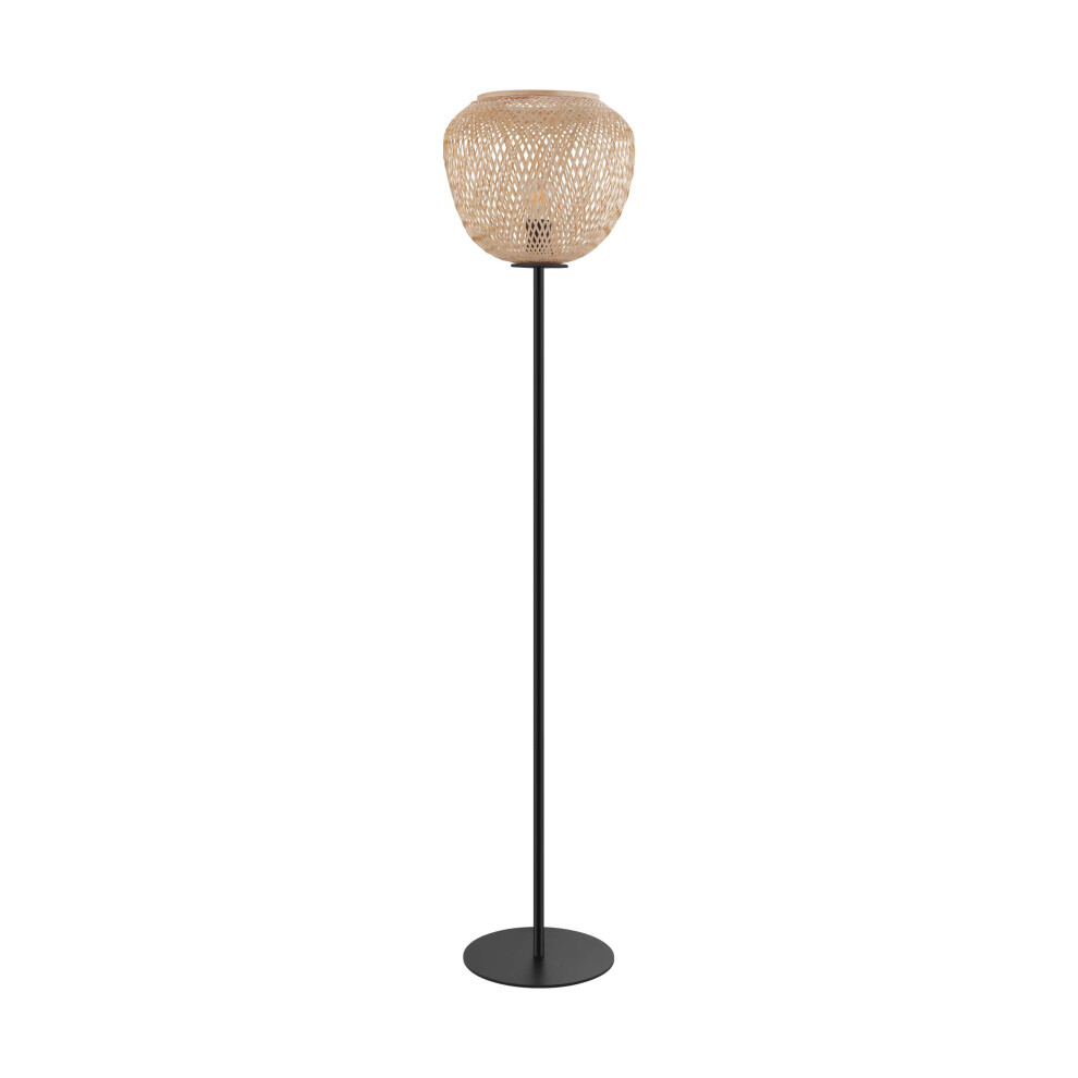 EGLO Floor lamp Dembleby, vintage and boho standing light made of black steel and natural wood, living room lighting with foot switch, E27 socket