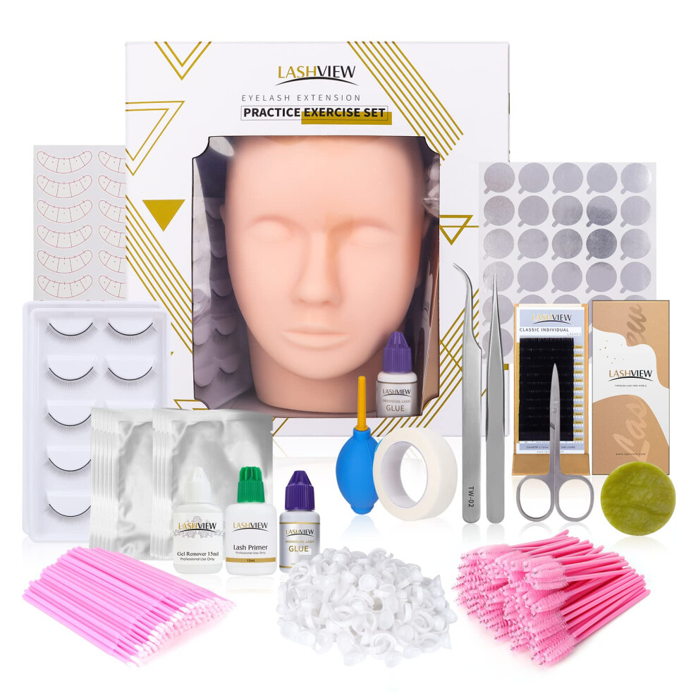 Lashview Eyelash Extension Kit, With Mannequin Head Practice Exercise Set, Training Lash Extension Supplies For Beginners Include Individual Lashes