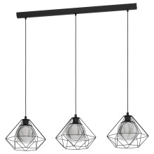 EGLO Vernham Pendant Light, 3-Bulb Pendant Lamp, Vintage, Industrial, Retro, Pendant Light Made of Steel and Smoked Glass, Black, Dining Table Lamp