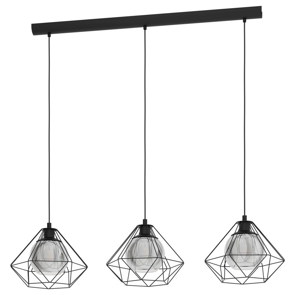EGLO Vernham Pendant Light, 3-Bulb Pendant Lamp, Vintage, Industrial, Retro, Pendant Light Made of Steel and Smoked Glass, Black, Dining Table Lamp