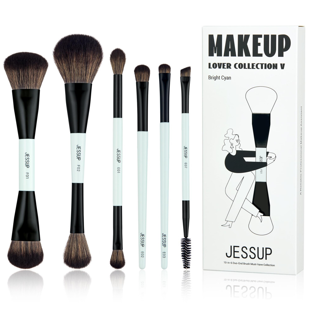 Jessup Makeup Brush Set 6Pcs Double Sided Makeup Brushes Foundation Contour Blush Highlight Blending Eyebrow Brush Eyeshadow Brush, Vegan Make Up