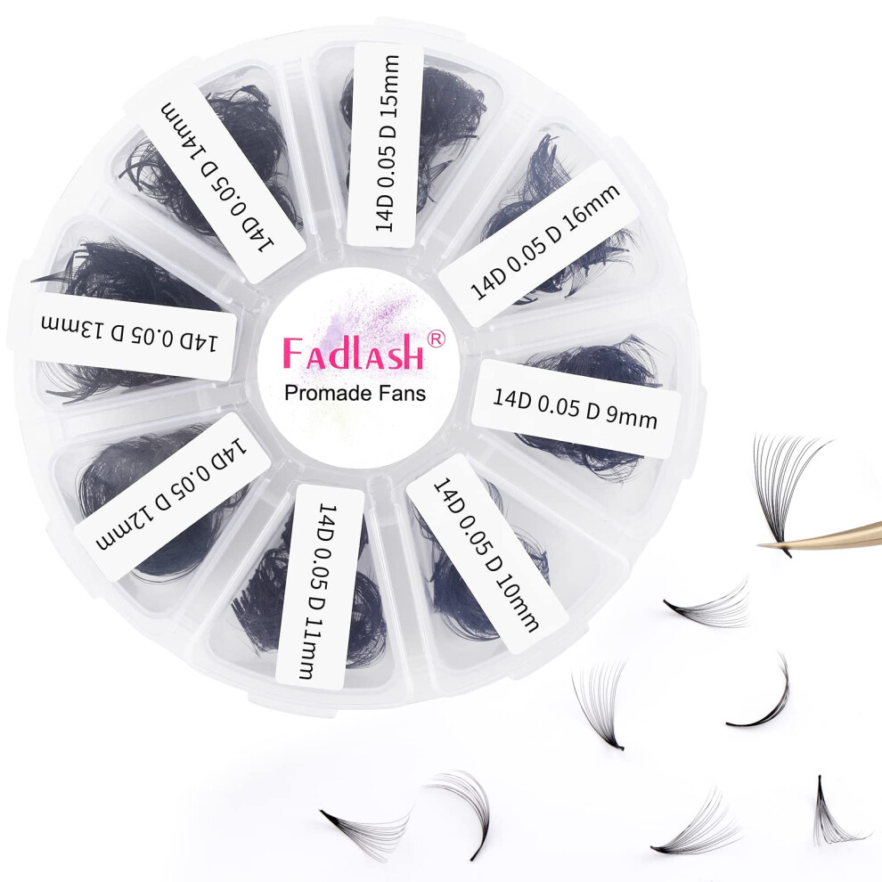 Fadlash Premade Volume Eyelash Extensions 14D 0.05 D Curl 1000Pcs Russian Lashes 9-16Mm Mixed Tray Pre-Made Russian Lashes Handmade Promade Loose Fans