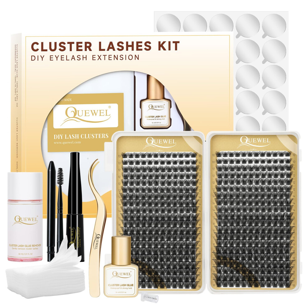 Quewel Individual Lashes 480 Cluster Lashes Diy Lash Extensions Kit, Eyelashes Applicator, Lash Cluster Glue Remover, Long-Lasting Lash Glue And