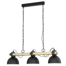 Eglo Pendant lighting Lubenham, 3 light vintage hanging lamp in industrial design, retro ceiling light made of black metal and natural wood, E27