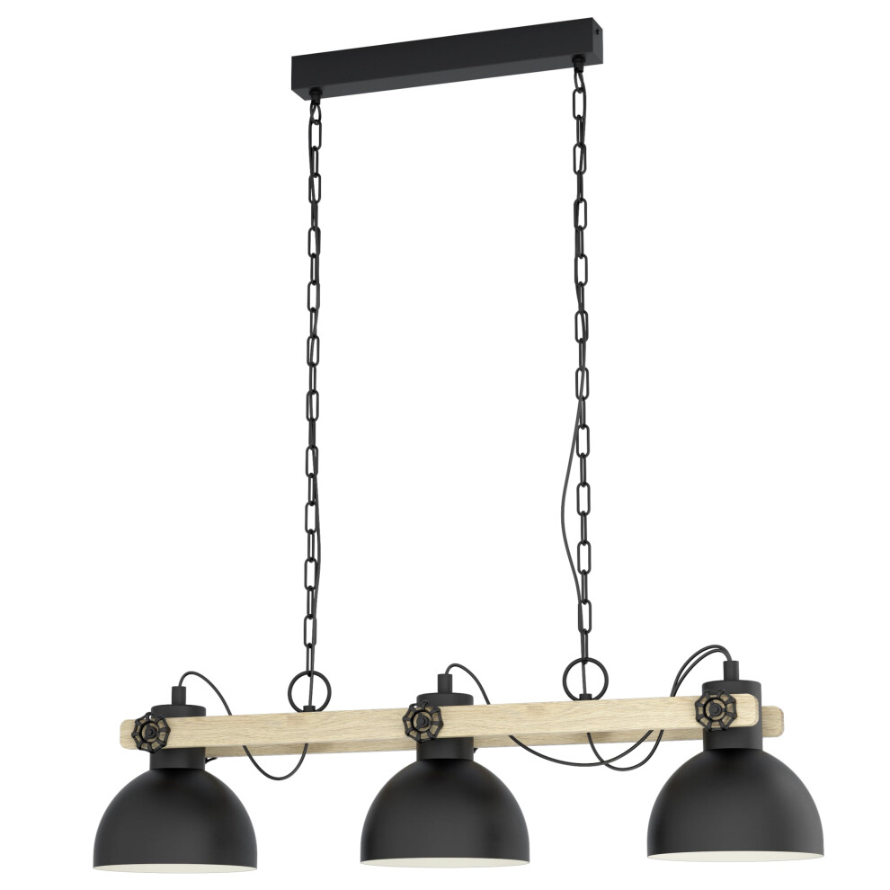 Eglo Pendant lighting Lubenham, 3 light vintage hanging lamp in industrial design, retro ceiling light made of black metal and natural wood, E27
