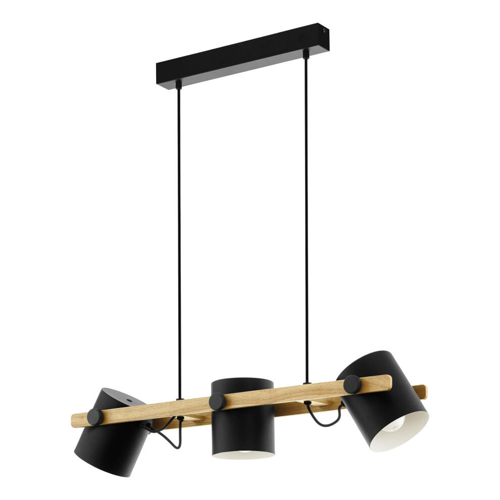 Eglo Pendant lighting Hornwood, 3 light vintage hanging lamp in industrial design, retro ceiling light made of black metal and natural wood, FSC