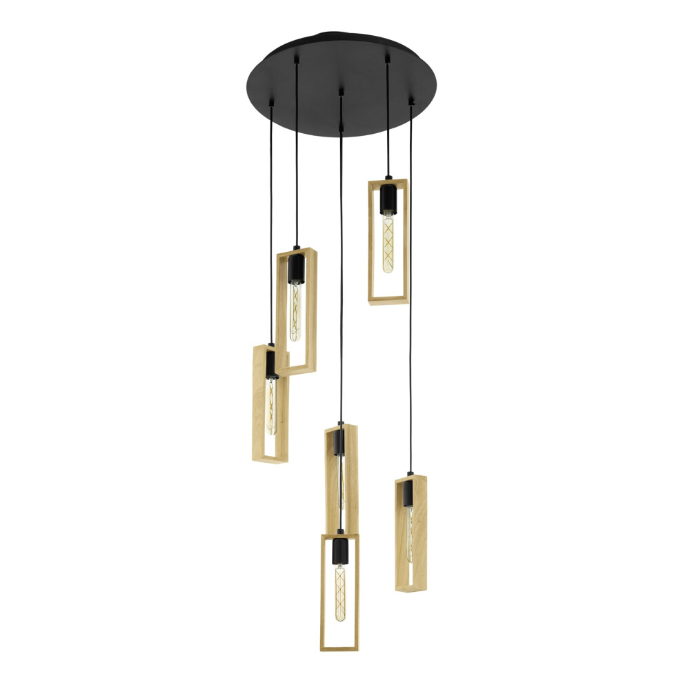 Eglo Pendant Lighting Littleton, 6 Light Vintage Cluster Hanging lamp in Industrial Design, Retro Ceiling Light Made of Black Metal and Natural Wood,
