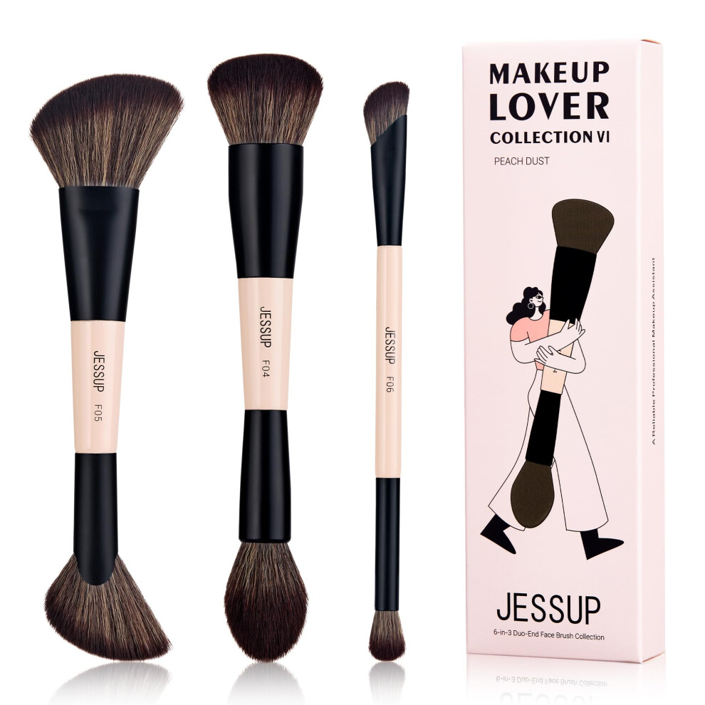 Jessup Face Makeup Brushes 3Pcs Double Ended Makeup Brush Set For Foundation Contour Blush Highlight And Powder, Premium Synthetic Face Make Up