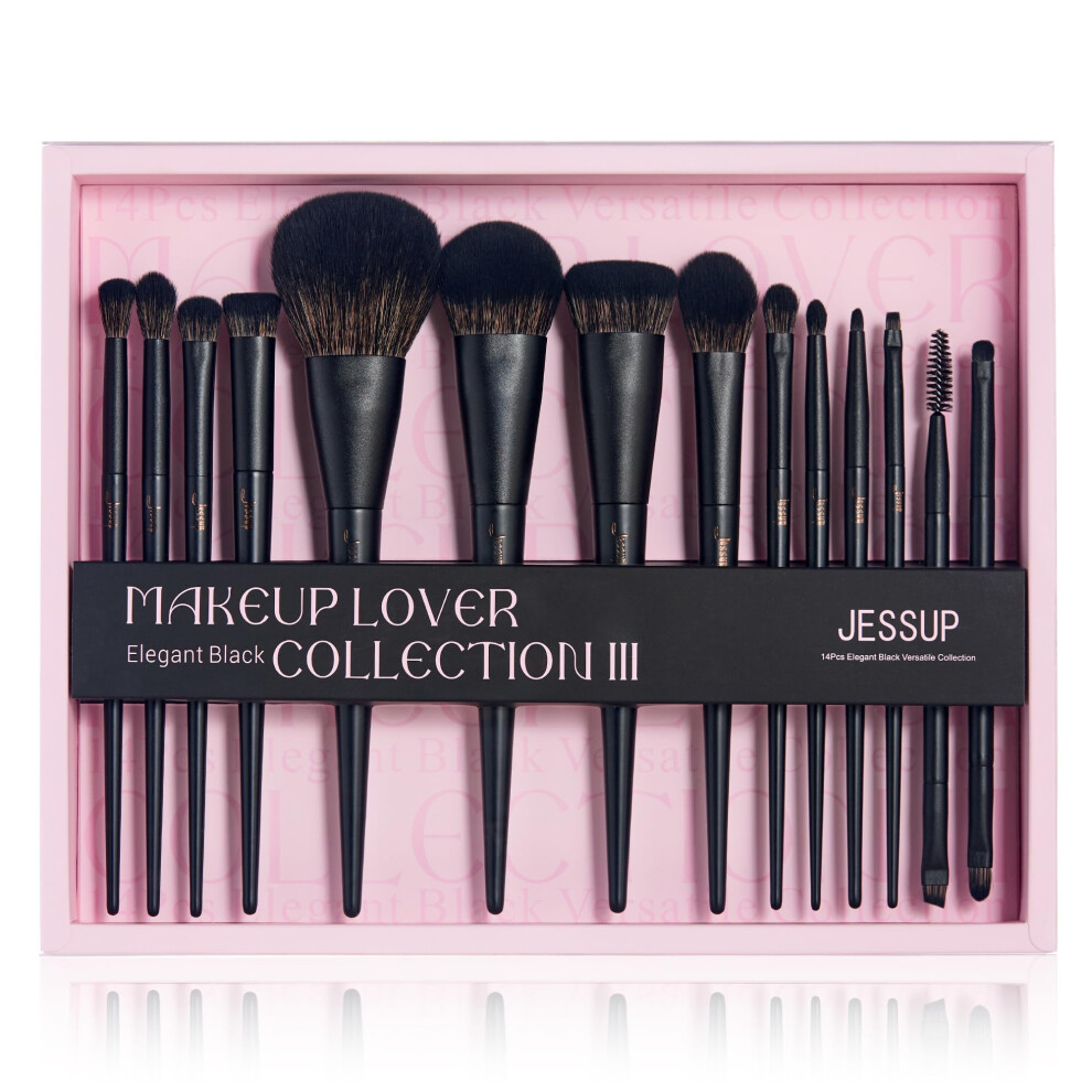Jessup Black Makeup Brushes 14Pcs Make Up Brushes Gift Set For Women Kabuki Foundation Eyeshadow Contour Concealer Powder Eyeliner Crease Eyebrow