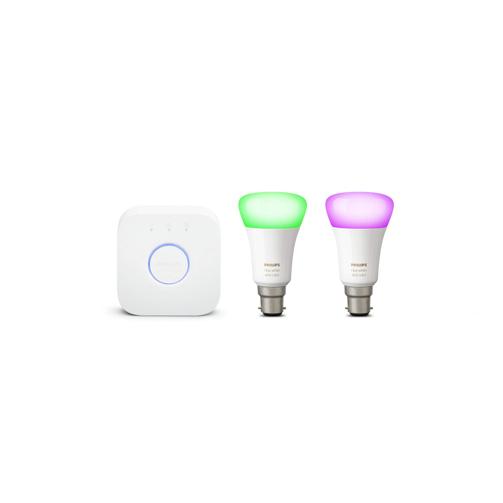 Philips Hue White and Colour Ambiance Mini Starter Kit [B22 Bayonet Cap] Includes 2 Smart LED Bulbs and a Hue Bridge, Compatible with Alexa, Google