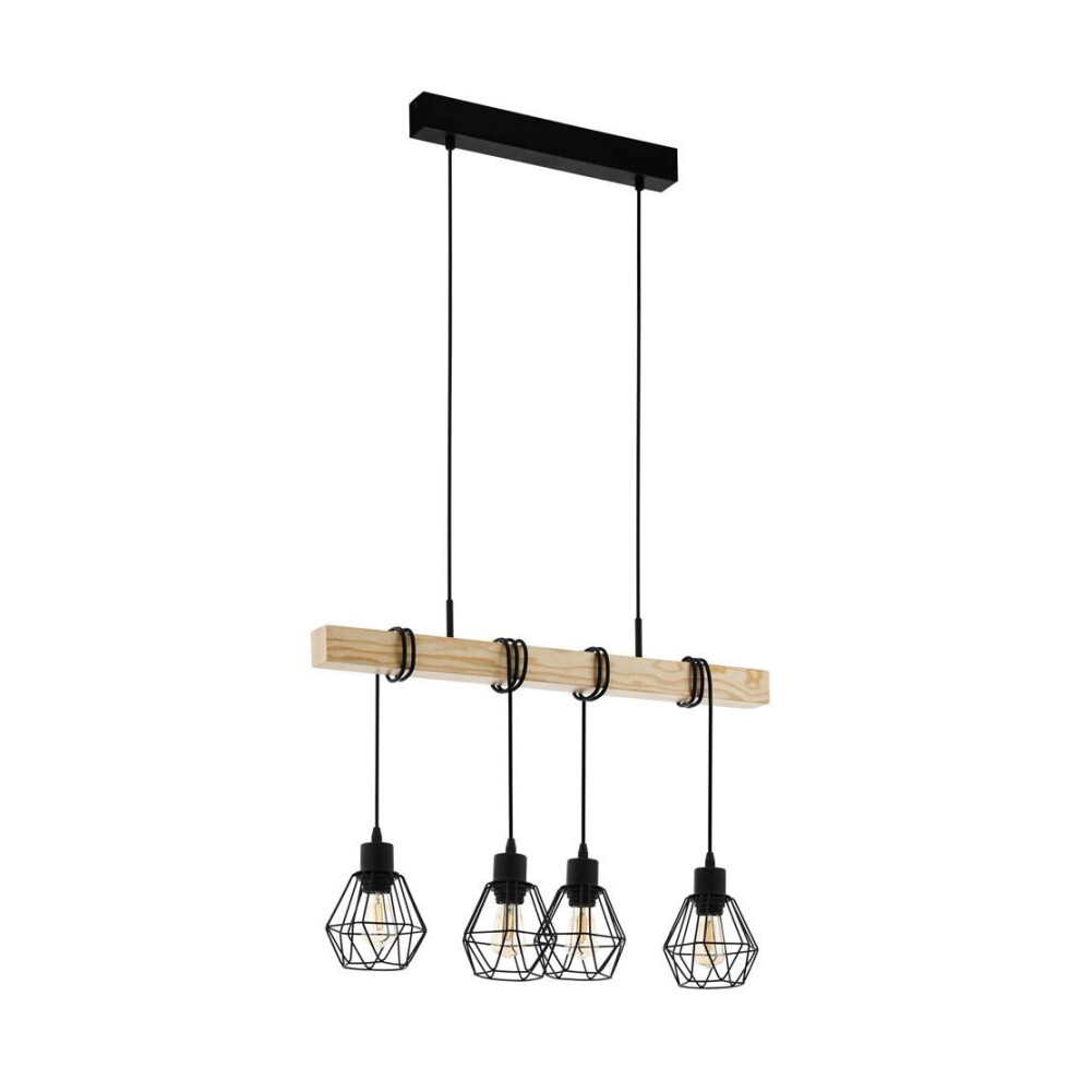 Eglo Pendant lighting Townshend 5, 4-lamp vintage ceiling light fitting, industrial hanging lamp for living and dining room, black metal and natural