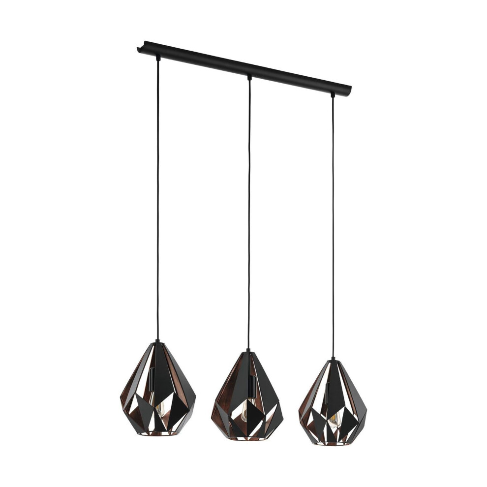 Eglo Carlton 1 Pendant Light, 3-Flame Vintage Ceiling Lamp, Retro Steel Hanging Light, Colour: Black, Copper, Socket: E27
