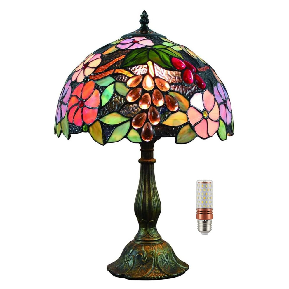 Five Liters Vintage Pastoral Gorgeous Grapes Flowers Stained Glass Tiffany Style Table Lamp Bedroom Lamp Bedside Lamp Children's Lamp(Color:12inch)