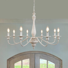 KMaiPem Vintage White Chandelier, 8-Light French Country Farmhouse Chandeliers, Adjustable Shabby Rustic Wood Iron Pendant Light for Living Room,