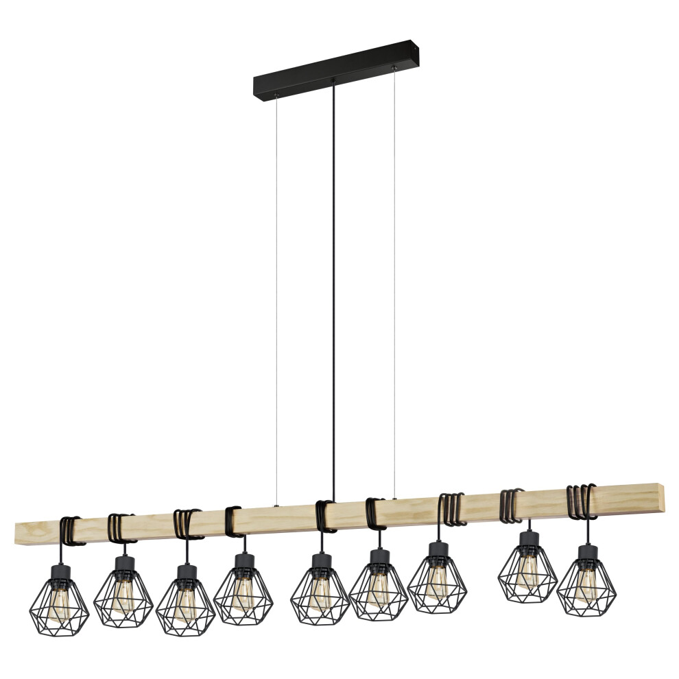 Eglo Pendant lighting Townshend 5, 9 light vintage hanging lamp in industrial design, retro ceiling light made of black metal and natural wood, FSC