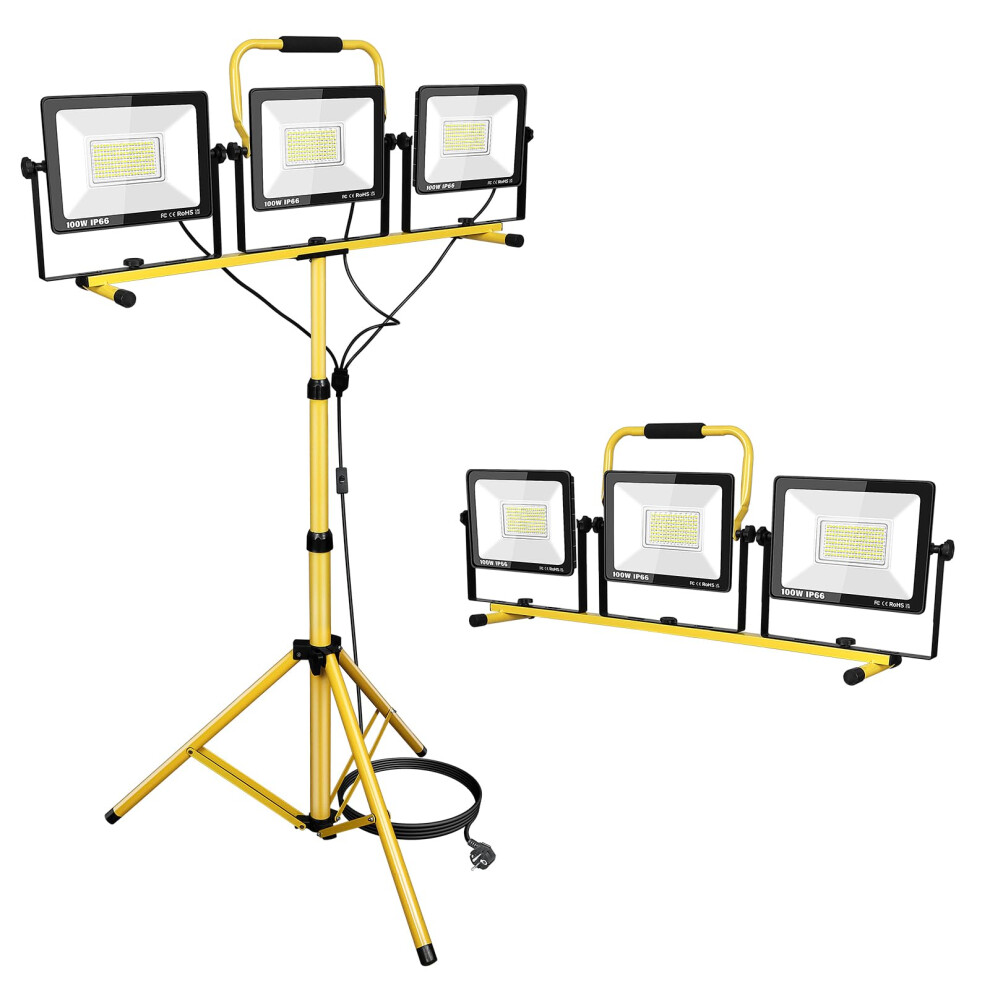 SKYWORLD 100W 10000LM Three Head LED Work Lights, Adjustable Job Site Lighting Portable Led Floodlight with Metal Telescopic Tripod Stand, 5 Meter