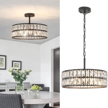 Rviezza Modern Black Crystal Chandeliers, 5-Light Industrial Black Metal Semi-Flush Mount Ceiling Lights with Round Shade, Vintage Hanging Ceiling