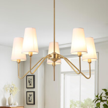 ZenithBeam Modern Gold Chandelier,5-Light Pendant Light 76Cm E14 Chandeliers Ceiling Light with White Linen Lampshade Light Fittings for Bedroom