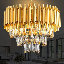 Gold Modern Crystal Chandeliers 3-Tier K9 Round Crystal Light Fixture Small Gold Chandeliers Ceiling Light Fixture for Dining Room Living Room Bedroom