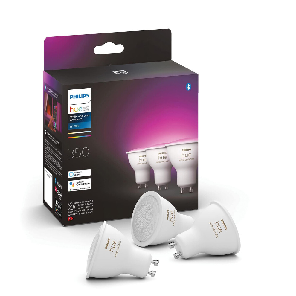 Philips Hue White & Colour Ambiance Smart Spotlight 3 Pack LED [GU10 Spotlight] - 350 Lumens (50W Equivalent). Works with Alexa, Google Assistant and