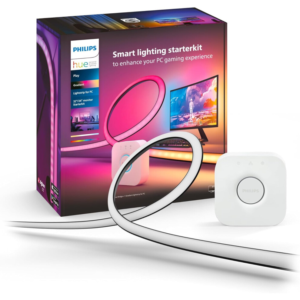 Philips Hue Play Gradient PC Lightstrip Starter Kit Including Hue Bridge [for 32-34 Inch Screens] LED Smart Lighting. Sync for Entertainment, Gaming