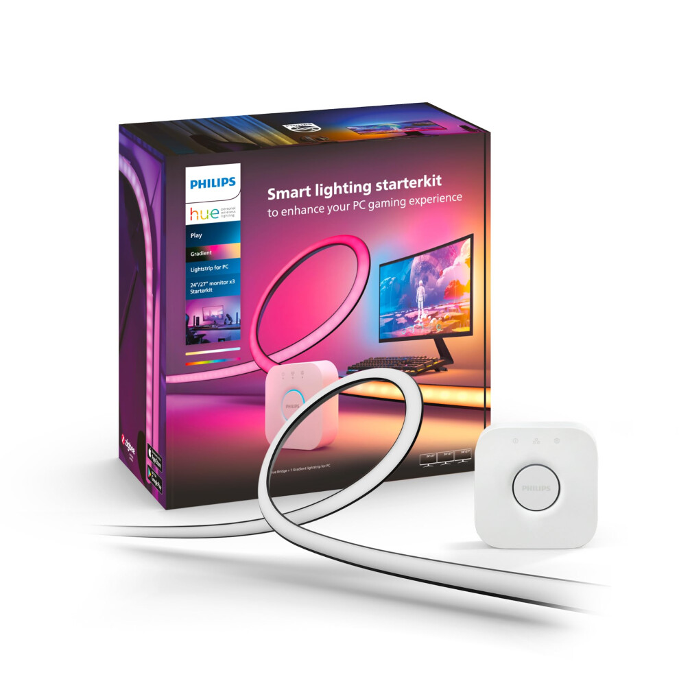 Philips Hue Play Gradient Pc Lightstrip Starter Kit Including Hue Bridge [For 3X 24-27 Inch Screens] Led Smart Lighting. Sync For Entertainment,
