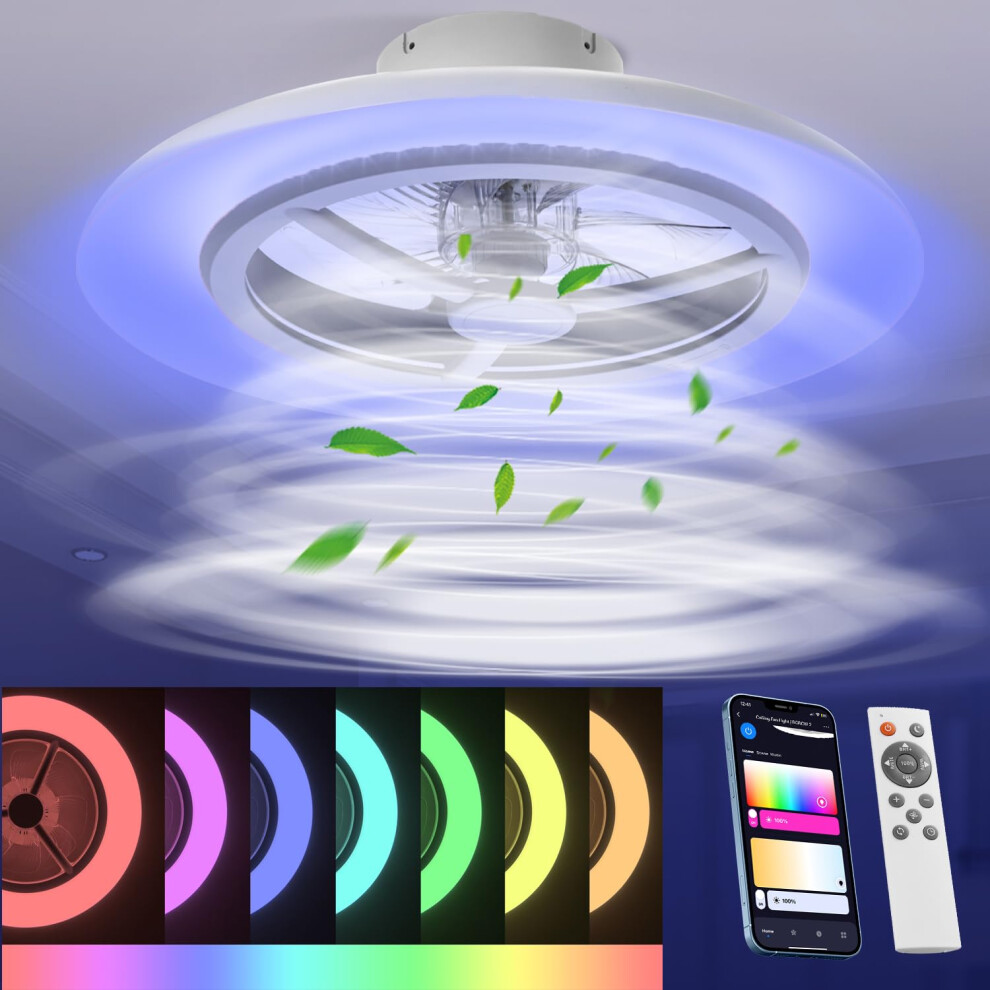 BKZO 55 cm Smart LED Ceiling Light with Fan, Ceiling Fan Lights Without Lampshade, Wind Speeds Adjustable, Stepless Dimming Light, RGB dimming, Modern