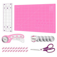 Rotary Cutter Set Pink - Quilting Kit incl. 45mm Fabric Cutter, 5 Extra Rotary Blades, A2 Self Healing Cutting Mat, Acrylic Ruler and Sewing Clips,
