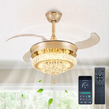 Depuley 36? Crystal Ceiling Fan with Lights, Dimmable Chandelier Retractable Ceiling Fans, 6-Speed Invisible Blades Fan Light Ceiling for Bedroom