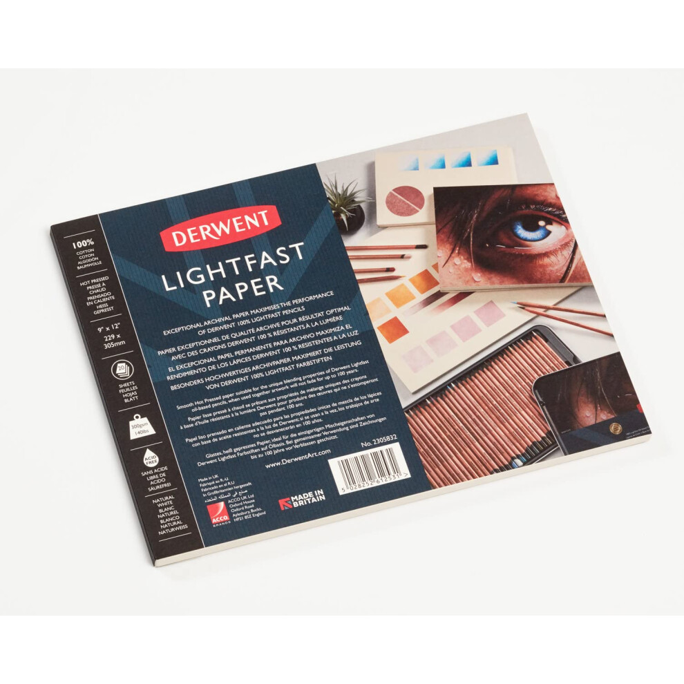 Derwent Lightfast Paper Pad 9 x 12 Inches, 300gsm, 20 Sheets, Smooth Hot Pressed Surface, Acid Free, Ideal For Fine Art Drawing & Colouring,