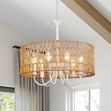 LynPon Rattan Pendant Light, 6 Lights Vintage Boho Rattan Ceiling Light ?45 cm, Wicker White Chandeliers E14, Lampshade for Living Room Bedroom Dining