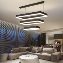 Modern Kitchen Island Pendant Light, Rectangle Dimmable LED Chandelier, 3 Layer Adjustable Ceiling Light Fixture for Dining Room, Living Room,