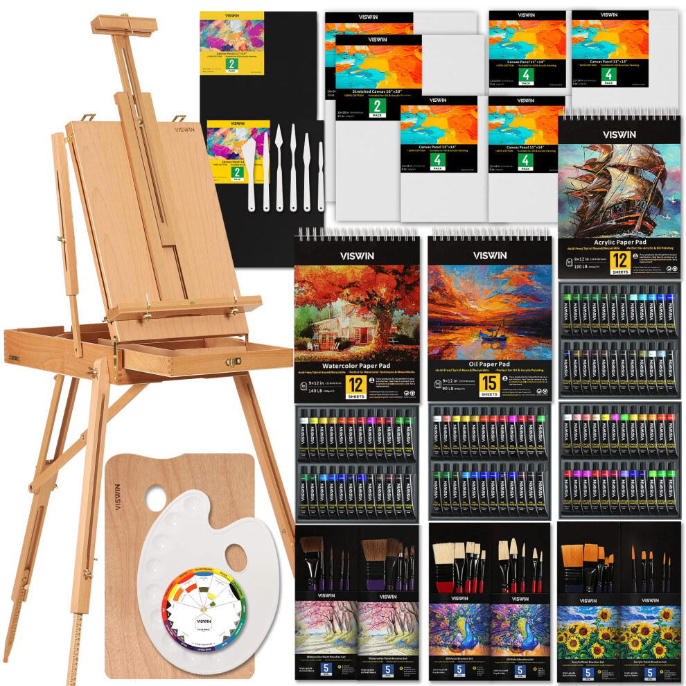 VISWIN All-in-one Artist Painting Set, 147 Pcs Professional Painting Kit with French Easel, 96 Oil, Watercolor & Acrylic Paint Set, Canvas,
