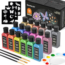 Shuttle Art Metallic Fabric Paint Permanent for Clothes, 18 Colours Fabric Paints (60ml) with Brushes, Palette, Stencils, Non-Toxic Textile Paints for