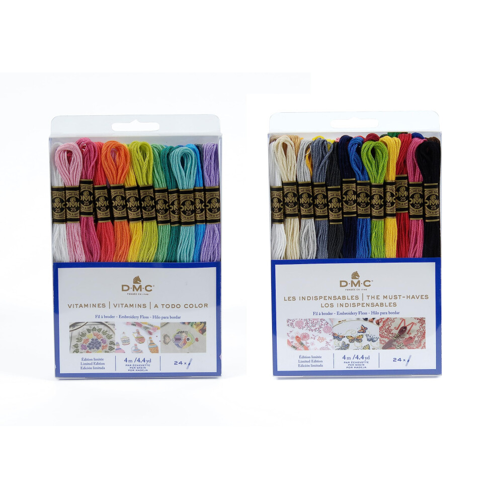 DMC - Assortment of Moulin? Special 117MC Threads ? Vitamins & Essentials Colours ? 100% Cotton ? 2 Packs of 24 Skeins of 4 Metres | Embroidery