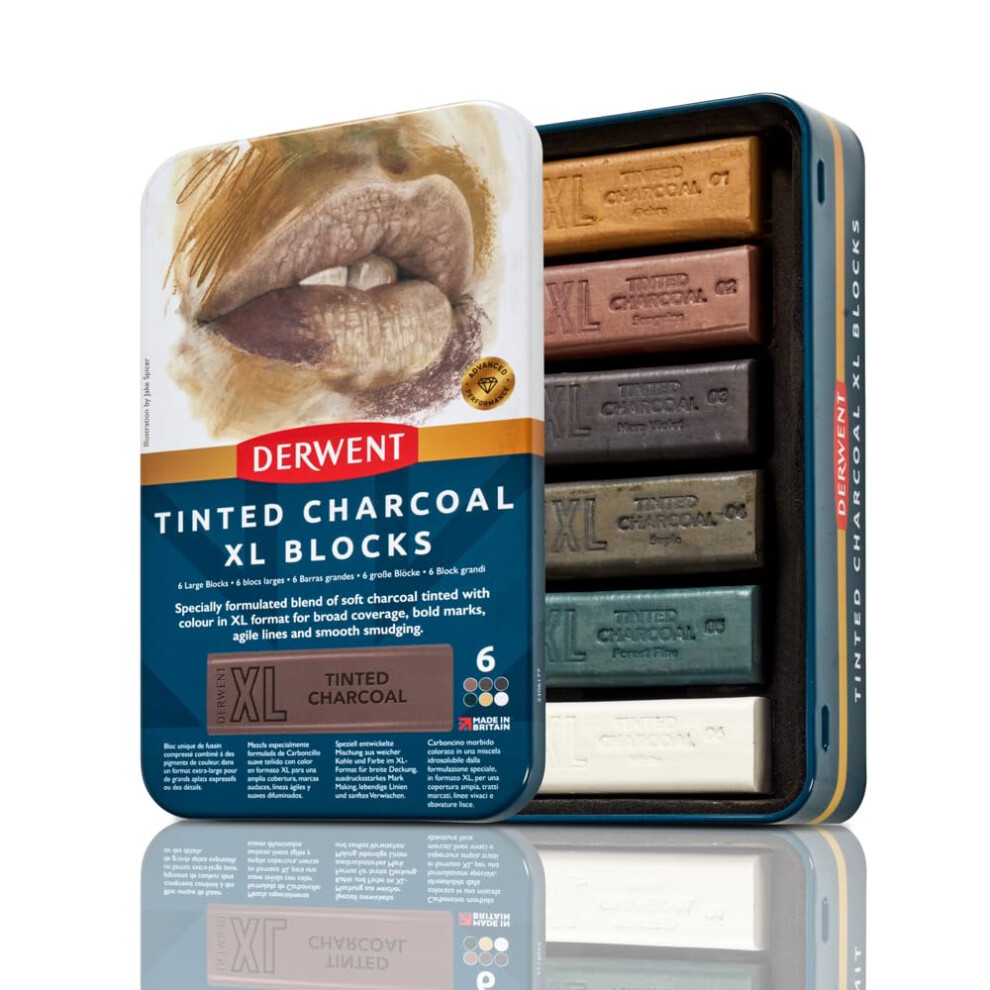 Derwent Tinted Charcoal XL Blocks 6 Tin, Set of 6, 60mm Extra-Large Block, Naturally Water-soluble, Ideal for Sketching, Drawing and Expressive Mark