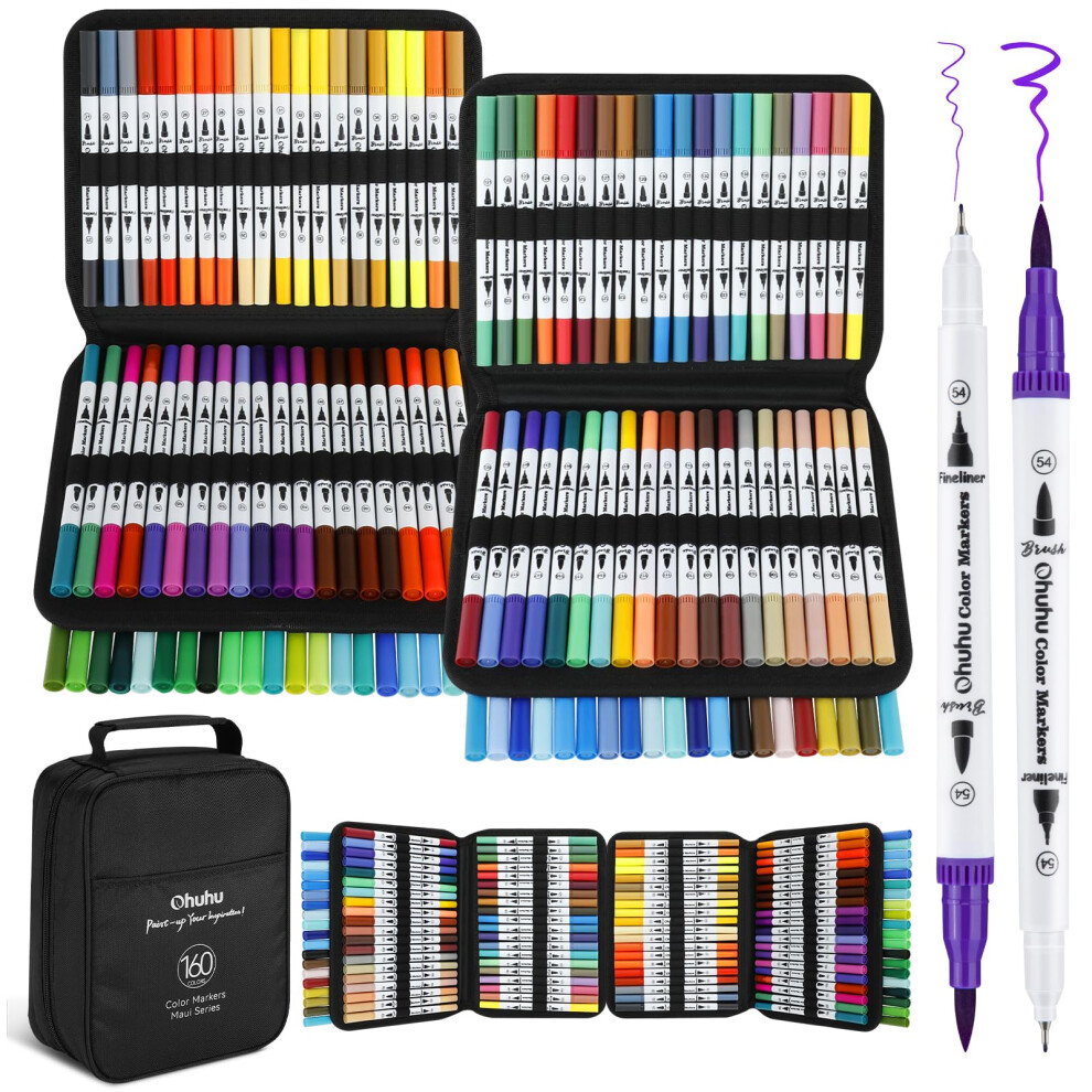 Ohuhu 160 Colours Colouring Pens, Dual Tip Brush Pens Felt Tip Pens, Art Markers With Fineliner, For Kids Adults Colouring Book Drawing Calligraphy