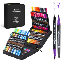 Ohuhu Colouring Pens 100 Colours, Dual Tip Brush Pens Felt Tip Pens, Art Markers with Fineliner, for Kids Adults Colouring Book Drawing Calligraphy