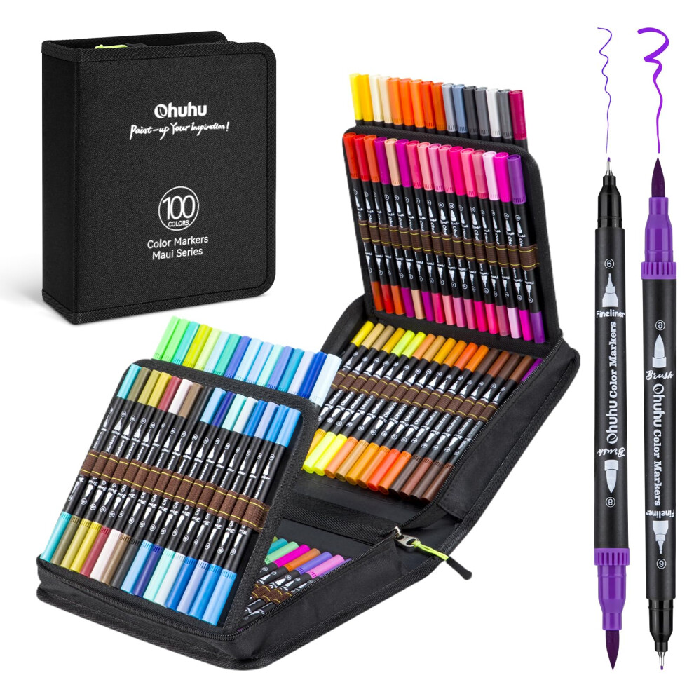 Ohuhu Colouring Pens 100 Colours, Dual Tip Brush Pens Felt Tip Pens, Art Markers With Fineliner, For Kids Adults Colouring Book Drawing Calligraphy