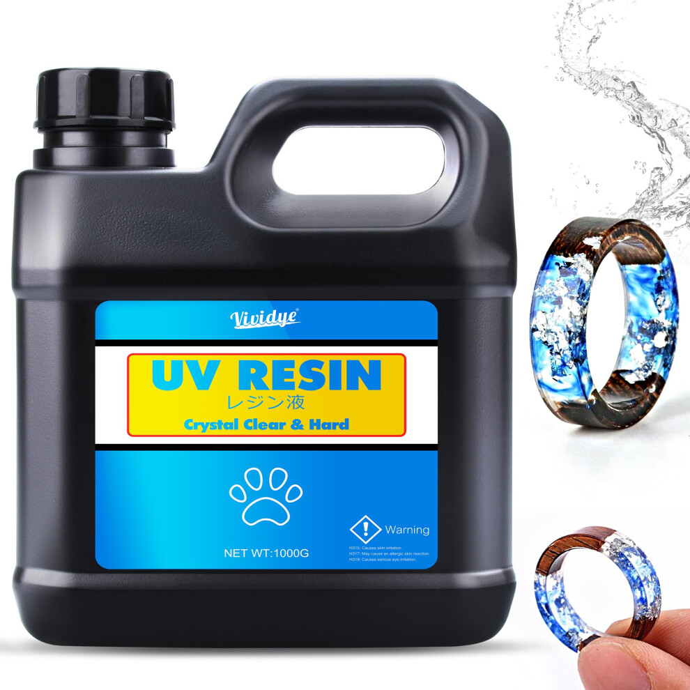 UV Resin - 1000g Crystal Clear Low Odor Ultraviolet Curing Hard Type Glue Epoxy Resin for DIY Jewelry Making, Crafts - Transparent Bubbles Free Solar