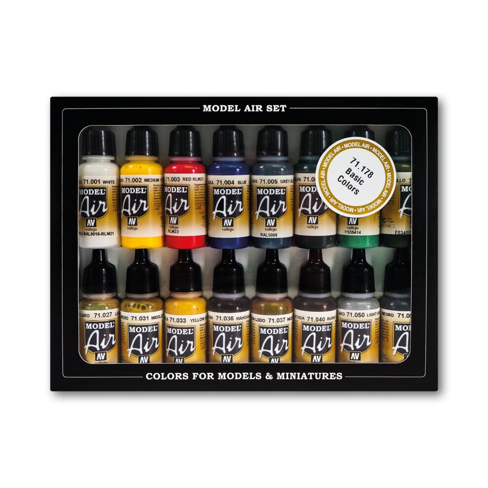 Vallejo Model Air Basic Colors Acrylic Paint Set for Air Brush - Assorted Colours (Pack of 16)