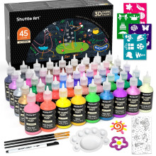 Fabric Paint, 45 Colours 3D Fabric Permanent Paint with 3 Brushes 1 Palette 1 Fabric Pen 1 Fabric sheet 4 Stencils, Glow in The Dark, Glitter,