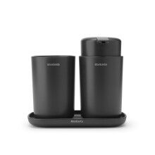 Brabantia ReNew 3 Piece Bathroom Accessory Set, Refillable Handwash Soap Dispenser, Toothbrush Holder & Tray, Set of 3, Dark Grey