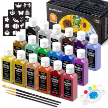 Shuttle Art Fabric Paint Permanent for Clothes, 18 Colours Fabric Paints in Bottles (60ml/2oz) with Brushes, Palette, Stencils, Non-Toxic Textile