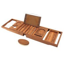 VaeFae Teak Bath Tray, Expandable Wooden Bath Caddy Tray, Adjustable Bridge Luxury Bathtub Accessories, Bathroom Rack Shelf with Ipad & Phone Holder,